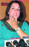Kusum Chaudhary speaks to mediapersons in Sirsa on Friday. 