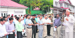 Governor N N Vohra speaks at the Sadbhavna Divas pledge function at Raj Bhavan in Srinagar on Friday. 