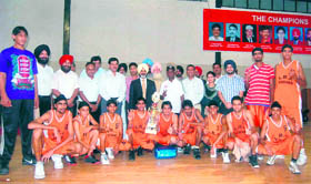 Players of the Ludhiana academy after emerging victorious in the Punjab State Junior Basketbll Championship in Ludhiana on Friday