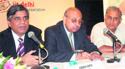 IIT alumni hold a press conference at a hotel in Chandigarh on Saturday.