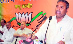 Vinay Katiyar, national vice-president of the BJP, addresses the gathering during a function for launching the Save Kashmir campaign in Jammu on Saturday.