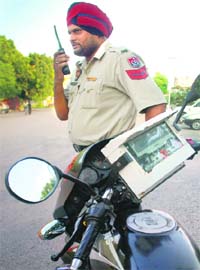 A GPS system mounted on a PCR motorcycle in Mohali
