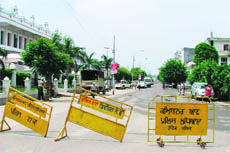 A road in Model Town Extension blocked for the visit of Chief Minister Parkash Singh Badal in Ludhiana on Sunday.