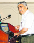 Dr TS Kler addresses a CME on cardiology and cardiac swgery in Ludhiana on Sunday. 