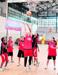 A match in progress during the Mahindra NBA Challenge Basketball League in Ludhiana on Sunday.