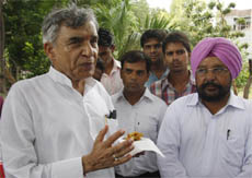 Union minister for water resources Pawan Bansal talking to media in Bathinda on Sunday. MLA Ajaib Singh Bhatti is also seen in the picture.