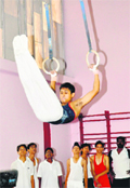 Davinder in action during the Chandigarh Inter-School Gymnastics Competition at the Gymnastic Hall, Sector 7, Chandigarh 