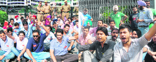 Protesting PUSU supporters outside the VC office; and (right) SOPU supporters protest for their rights outside BEd building at Panjab University in Chandigarh