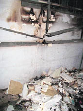 Documents damaged in a fire at a railway out agency in Mussoorie on Monday.