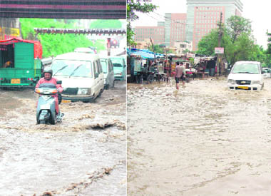 ( From left) A waterlogged street in Faridabad after a spell of rain on Monday; and a flooded road in Gurgaon.