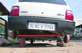 The wheels of a car belonging to Karni Singh Sandhu of Sector 27-D, Chandigarh, were stolen by thieves on Monday night.