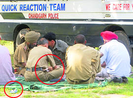 With PU student elections round the corner, a quick reaction team (QRT) of the UT police was found playing cards (picture 1) on the PU grounds on Tuesday. 