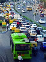 Traffic crawls at NH-24 in New Delhi on Tuesday.