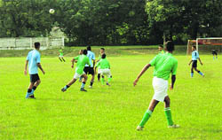 A match in progress at the RIMC Inter-Section Soccer Tournament in Dehradun on Tuesday.