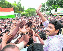 Congress MP Jaganmohan Reddy waves to his supporters at Kadapa as he starts the third leg of his controversial Odarpu Yatra on Tuesday.