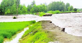 A breach in the Sutlej bandh which led to flooding in Lodhipur village (Anandpur Sahib)