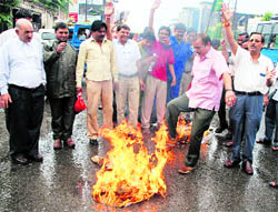 Members of the UKD burn an effigy of the Central government against the closure of the Loharinag Pala power project in Dehradun on Wednesday