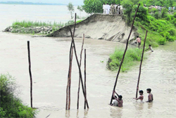 Villagers try to plug the breach in the Yamuna near Gharaunda in Karnal