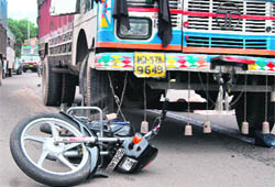 The ill-fated motorcycle that was hit by a speeding truck at the Fun Republic lights point in Mani Majra on Friday.