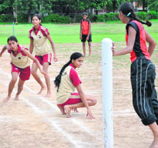 A match in progress between KCW, Sidhwan, and GCW,Ludhiana, in the Inter-College Kho-Kho A Division Women Tournament at Panjab University, Chandigarh, on Thursday.