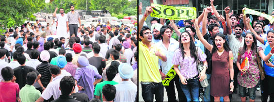 PUSU leaders address activists as the police stops their car rally near Gate No. 1; and (right) SOPU activists raise slogans at UILS at Panjab University in Chandigarh on Thursday.