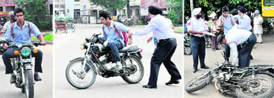 (From left) A schoolboy rides a motorcycle without helmet; a traffic cop tries to catch him as he tries to run away; falls.