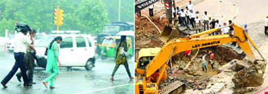 (Clockwise) Waterlogging at D-block of Jahangirpuri. MCD employees repair the portion of a road that caved in at Hauz Khas. Pedestrians caught in the evening rain in New Delhi on Friday.