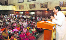 Uttarakhand Chief Minister Ramesh Pokhriyal Nishank addresses a convention of state employees in Dehradun on Friday.