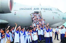 School students at the Air Force station, Chandigarh, during a campaign on flight safety on Saturday.