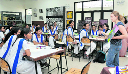 French illustrator Judith Gueyfier addresses students at Welham Girls School in Dehradun
