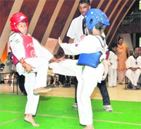 A tae-kwon-do match in progress at the District Tae-kwon-do Championship in Dehradun