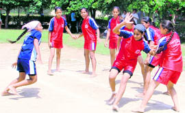Girls in action during a kabaddi match on the second day of the Ludhiana Inter-Block Games at Guru Nanak Stadium on Saturday