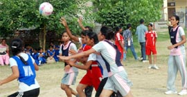 The match between Ferozepur and Barnala in progress on the inaugural day of the 56th State School Games being held at Khalsa Senior Secondary School, in Bathinda on Sunday.