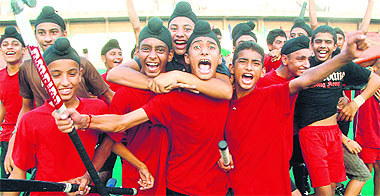 Players of Shivalik Hockey Academy, Mohali, celebrate their title win over Surjit Academy, Jalandhar, in the 9th SN Vohra Memorial Sub-Junior (u-14) Hockey Tournament at the Hockey Stadium in Sector 42, Chandigarh, on Monday. 