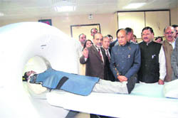 Chief Minister Prem Kumar Dhumal inaugurates the MDCT machine in Shimla on Sunday.