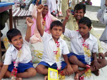 Kids taking part in a relay fast being held to demand district HQ status for Fazilka on Monday. 
