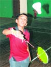 A player in action during the 5th Ashwani Memorial District Badminton Championship at Tau Devi Lal Sports Complex, Sector 3, Panchkula,