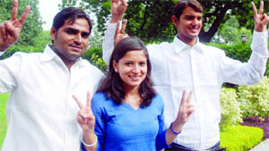 ABVP candidates-- Jitender Choudhury (president), Neetu Dabas (secretary) and Sourabh Uniyas (general secretary)-- on Monday release the menifesto for Delhi Universitys students union election in New Delhi