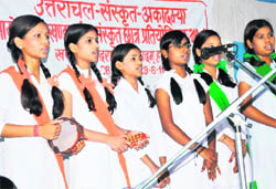 Girls perform at the Haridwar Uttaranchal Sanskrit Academy in Haridwar on Monday.