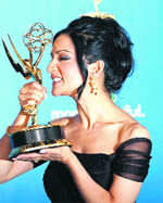 Archie Panjabi poses with her award for outstanding supporting actress in drama series for The Good Wife at the 62nd annual Primetime Emmy Awards in Los Angeles on Sunday.