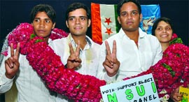 NSUI candidates Akshay Kumar, A.A. Vardhan, Harish Chaudhary and Deepika Deshwal release the partys manifesto in New Delhi on Tuesday.