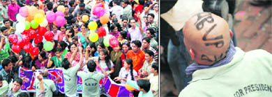 Girl students campaign for ABVP candidates; and (left) an ABVP activist flaunts his unique hairstyle during the Students Council elections in Dehradun on Tuesday.