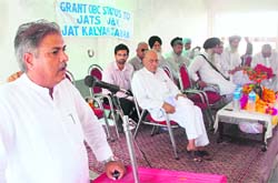 A speaker addresses a convention organised by the Jat Kalyan Sabha in Jammu 