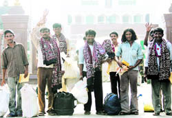 Indian fishermen at the Attari-Wagah checkpost after their release by the Pakistan Government on Tuesday
