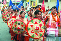 Artists from Assam taking part in the Rath Yatra in Bathinda on Wednesday;