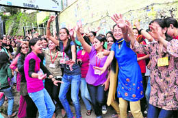 SFI activists celebrate their victory in Himachal Pradesh University elections in Shimla on Wednesday. 