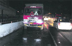 The truck that rammed into a railing on the flyover near Sabzi Mandi in Ludhiana on Tuesday night. 