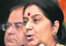 BJP leaders Sushma Swaraj and Arun Jaitley speak to the media. 