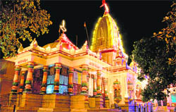The illuminated Daksh Prajapati Temple on the occasion of Janmashtami on Thursday.