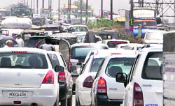 Vehicles stuck in a traffic jam on one of the roads in Ludhiana on Janmashtami. 